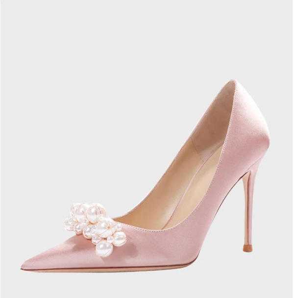 Schöne Weiß Perle Brautschuhe 2024 Leder 10 cm Stilettos Spitzschuh Hochzeit Pumps Hochhackige