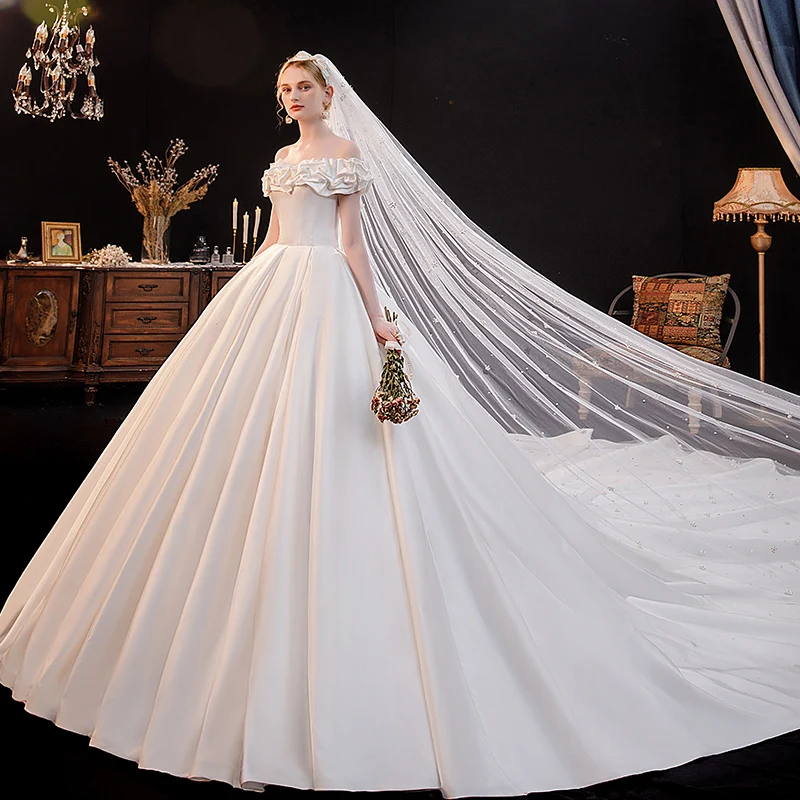Modest Simple Ivory Ruffle Short Sleeve Wedding Dresses 2021 Off-The-Shoulder Crossed