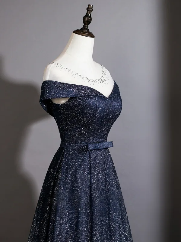 Bling Bling Navy Blue Sequins Prom Dresses 2026 A-Line / Princess Scoop Neck Short Sleeve Backless Floor-Length / Long Formal Dresses