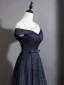 Bling Bling Navy Blue Sequins Prom Dresses 2026 A-Line / Princess Scoop Neck Short Sleeve Backless Floor-Length / Long Formal Dresses