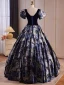 Vintage / Retro Navy Blue Printing Prom Dresses 2024 Ball Gown Square Neckline Puffy Short Sleeve Backless Floor-Length / Long Prom Formal Dresses