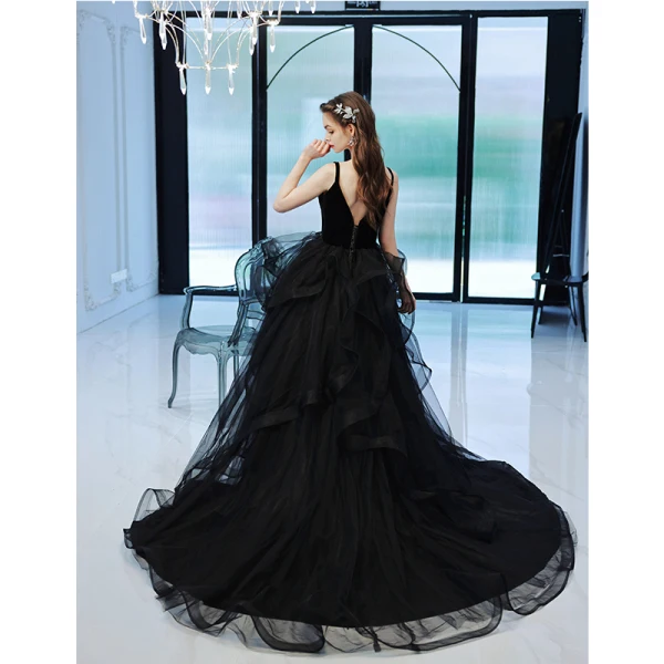 Fashion Black Rhinestone Lace Flower Prom Dresses A-Line / Princess 2022 Spaghetti Straps Cascading Ruffles Sleeveless Backless Floor-Length / Long Formal Dresses