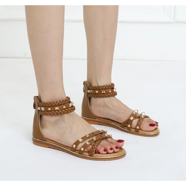 Fashion Roman Black Street Wear Casual Flat Womens Sandals 2022 Rivet Open / Peep Toe Sandals