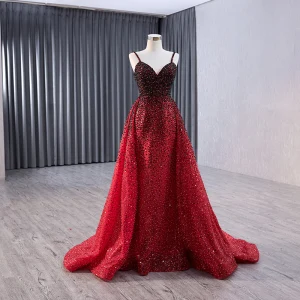 High End Burgundy Gradient Color Handmade Beading Pearl Sequins Prom Dresses 2024 Trumpet Mermaid Spaghetti Straps Sleeveless Backless Sweep Train Prom Formal Dresses