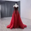 High-end Burgundy Gradient-Color Handmade  Beading Pearl Sequins Prom Dresses 2024 Trumpet / Mermaid Spaghetti Straps Sleeveless Backless Sweep Train Prom Formal Dresses