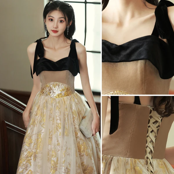 Chic / Beautiful Gold Pearl Tassel Evening Dresses 2023 A-Line / Princess Spaghetti Straps Sleeveless Backless Floor-Length / Long Evening Party Formal Dresses