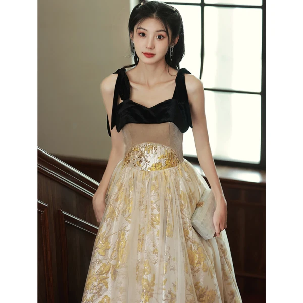 Chic / Beautiful Gold Pearl Tassel Evening Dresses 2023 A-Line / Princess Spaghetti Straps Sleeveless Backless Floor-Length / Long Evening Party Formal Dresses