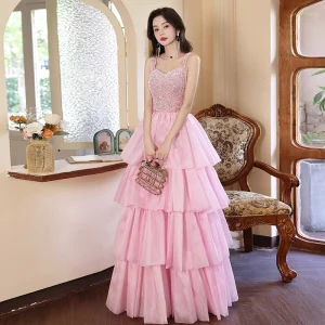 Charmant Rougissant Rose Volants En Cascade Paillettes Robe De Bal 2023 Princesse Bretelles Spaghetti Sans Manches Dos Nu Longue Robe De Ceremonie