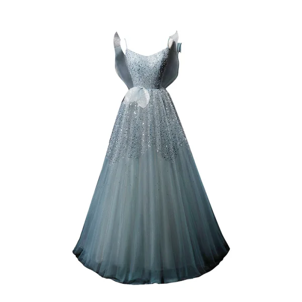 Bling Bling Sky Blue Beading Pearl Sequins Prom Dresses 2024 A-Line / Princess Spaghetti Straps Sleeveless Backless Bow Floor-Length / Long Prom Formal Dresses