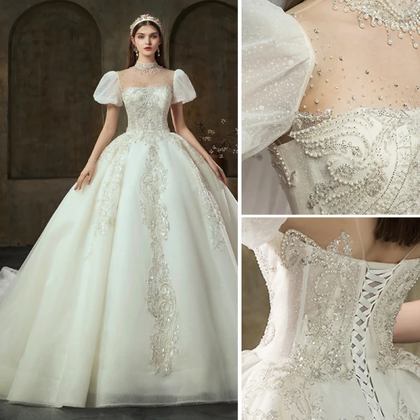 High End Vintage Ivory / Creme Perlenstickerei Perle Strass Brautkleider / Hochzeitskleider 2022 Ballkleid Rundhalsausschnitt Kurze Ärmel Rückenfreies Königliche Schleppe Hochzeit