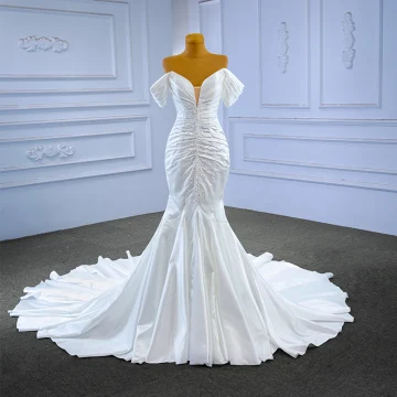 High End White Beading Pearl Sequins Satin Wedding Dresses 2023 Trumpet Mermaid Off The Shoulder Short Sleeve Backless Chapel Train Wedding