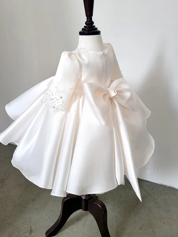Chic / Beautiful White Beading Pearl Short Flower Girl Dresses 2023 Ball Gown Birthday Scoop Neck Short Sleeve Bow