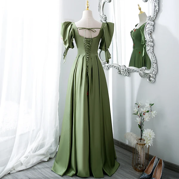 Vintage / Retro Olive Green Strawberry Satin Prom Dresses 2022 A-Line / Princess Square Neckline Bow Short Sleeve Backless Floor-Length / Long Prom Formal Dresses