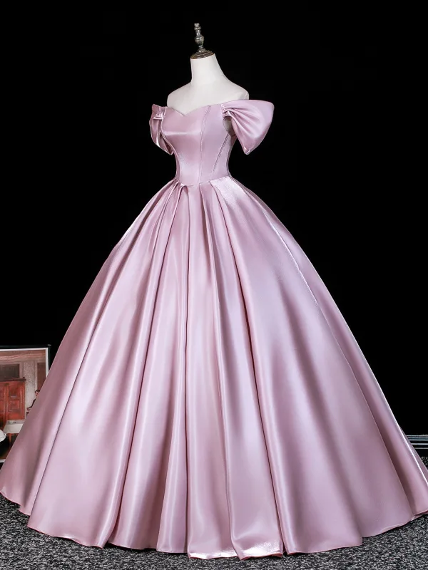 Elegant Blushing Pink Satin Prom Dresses 2026 Ball Gown Off-The-Shoulder  Short Sleeve Backless Floor-Length / Long Formal Dresses
