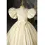 Elegant Champagne Satin Birthday Flower Girl Dresses 2022 Ball Gown Pearl Scoop Neck Puffy Short Sleeve Bow Backless Floor-Length / Long Flower Girl Dresses