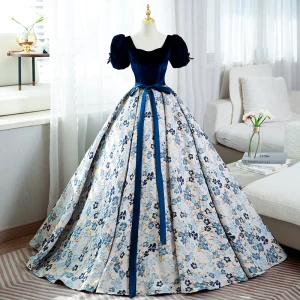 Elegant Navy Blue Floral Prom Dresses 2022 Ball Gown Square Neckline Bow Sash Short Sleeve Backless Floor Length Long Prom Formal Dresses