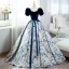Elegant Navy Blue Floral Prom Dresses 2022 Ball Gown Square Neckline Bow Sash Short Sleeve Backless Floor-Length / Long Prom Formal Dresses