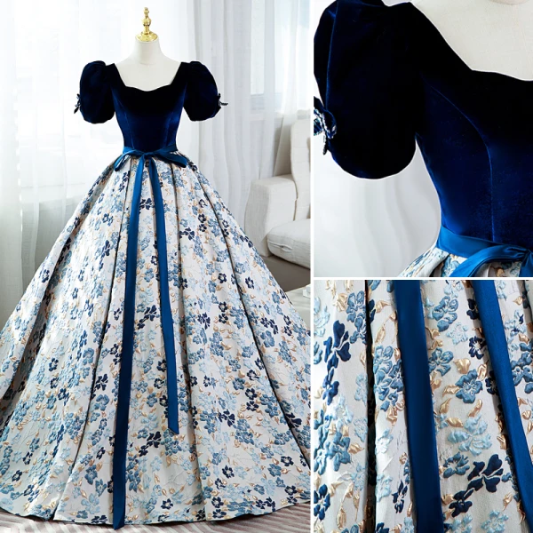 Elegant Navy Blue Floral Prom Dresses 2022 Ball Gown Square Neckline Bow Sash Short Sleeve Backless Floor-Length / Long Prom Formal Dresses