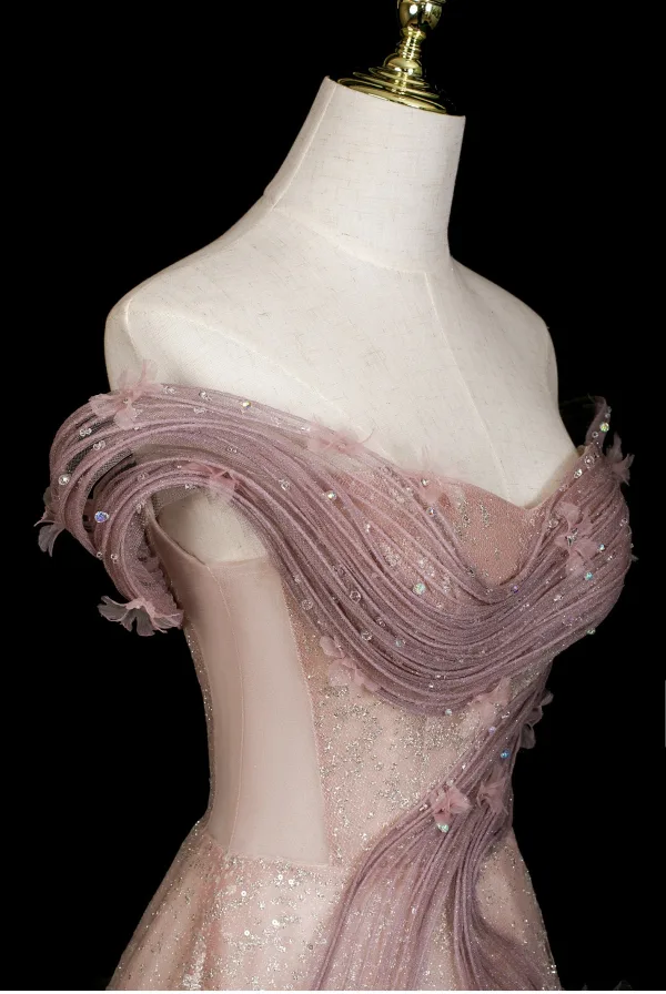Haut de Gamme Rougissant Rose Appliques Faux Diamant Paillettes Volants en Cascade Robe De Bal 2025 Princesse De l'épaule Sans Manches Dos Nu Longue Robe De Ceremonie