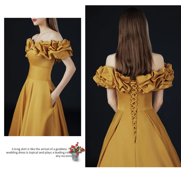 Vintage / Retro Yellow Prom Dresses 2021 A-Line / Princess Off-The-Shoulder Ruffle Short Sleeve Solid Color Satin Engagement Formal Dresses Sweep Train