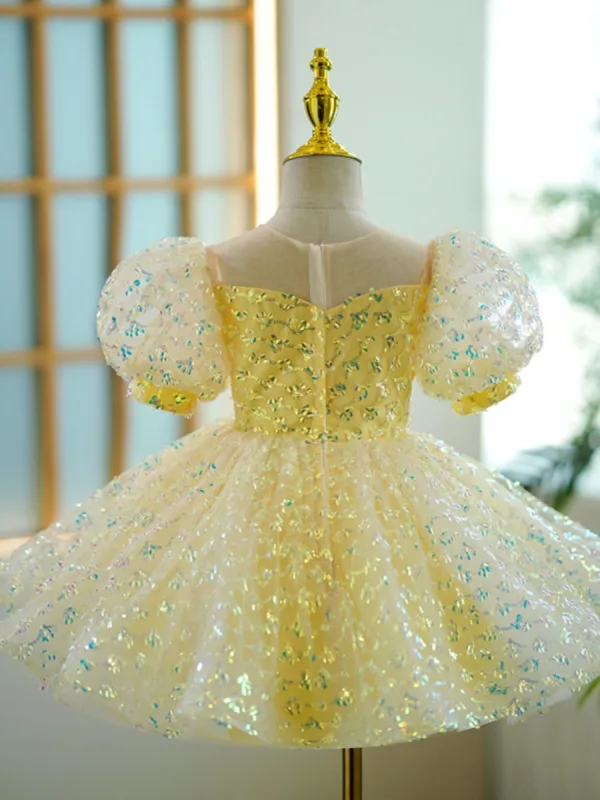 Chic / Beautiful Yellow Short Beading Sequins Birthday Flower Girl Dresses 2023 Ball Gown Scoop Neck Puffy Short Sleeve Flower Girl Dresses