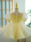 Chic / Beautiful Yellow Short Beading Sequins Birthday Flower Girl Dresses 2023 Ball Gown Scoop Neck Puffy Short Sleeve Flower Girl Dresses