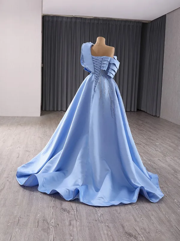 Haut de Gamme Mode Bleu Ciel Perlage Paillettes Robe De Bal 2024 Princesse Une épaule Sans Manches Dos Nu Train De Balayage Promo Robe De Ceremonie