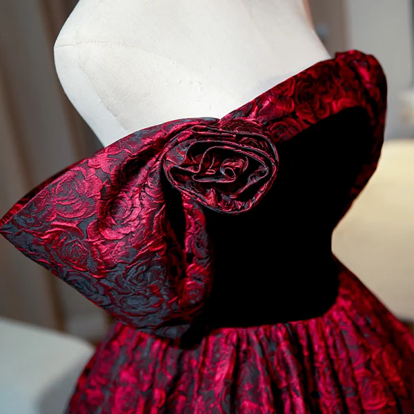 Vintage / Retro Burgundy Printing Prom Dresses 2022 A-Line / Princess Off-The-Shoulder Puffy Short Sleeve Backless Floor-Length / Long Formal Dresses