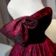 Vintage / Retro Burgundy Printing Prom Dresses 2022 A-Line / Princess Off-The-Shoulder Puffy Short Sleeve Backless Floor-Length / Long Formal Dresses