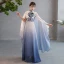 Vintage / Retro Chinese style Gradient-Color Ocean Blue Prom Dresses 2023 A-Line / Princess High Neck Short Sleeve Appliques Floor-Length / Long Prom Formal Dresses