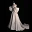 Élégant Ivoire Satin Robe De Bal 2025 Princesse De l'épaule Gonflée Manches Courtes Dos Nu Noeud Train De Balayage Promo Robe De Ceremonie