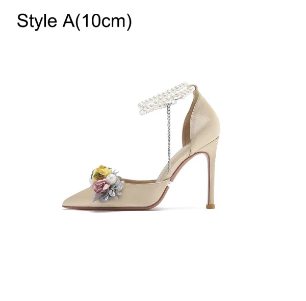 Elegant Champagne Satin Appliques Pearl Ankle Strap Wedding Shoes 2023 10 cm Stiletto Heels Pointed Toe Wedding High Heels