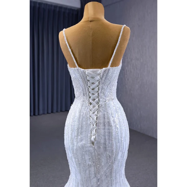 Haut de Gamme Scintillantes Blanche Glitter Perlage Paillettes Robe De Mariée 2023 Trompette / Sirène Bretelles Spaghetti Sans Manches Dos Nu Tribunal Train Mariage