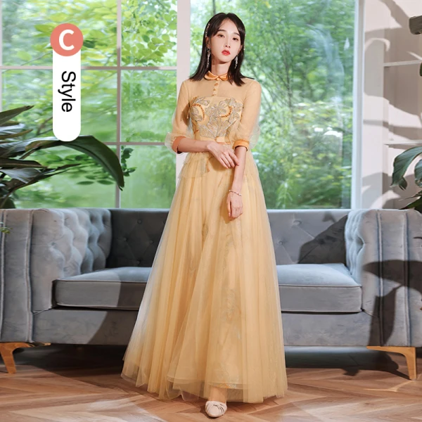 Modest / Simple Champagne Lace Flower Bridesmaid Dresses 2023 A-Line / Princess Short Sleeve Backless Floor-Length / Long Bridesmaid Dresses