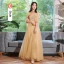 Modest / Simple Champagne Lace Flower Bridesmaid Dresses 2023 A-Line / Princess Short Sleeve Backless Floor-Length / Long Bridesmaid Dresses