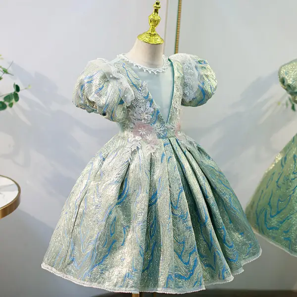 Modern / Fashion Mint Green Pearl Sequins Lace Flower Birthday Flower Girl Dresses 2022 Ball Gown Puffy Short Sleeve Scoop Neck Floor-Length / Long Flower Girl Dresses