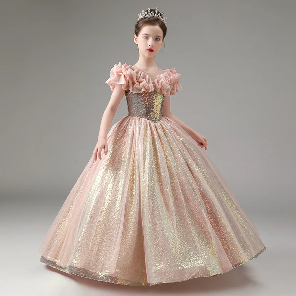 Sparkly Blushing Pink Glitter Sequins Birthday Flower Girl Dresses 2023 A-Line / Princess Ruffle Scoop Neck Short Sleeve Floor-Length / Long Flower Girl Dresses