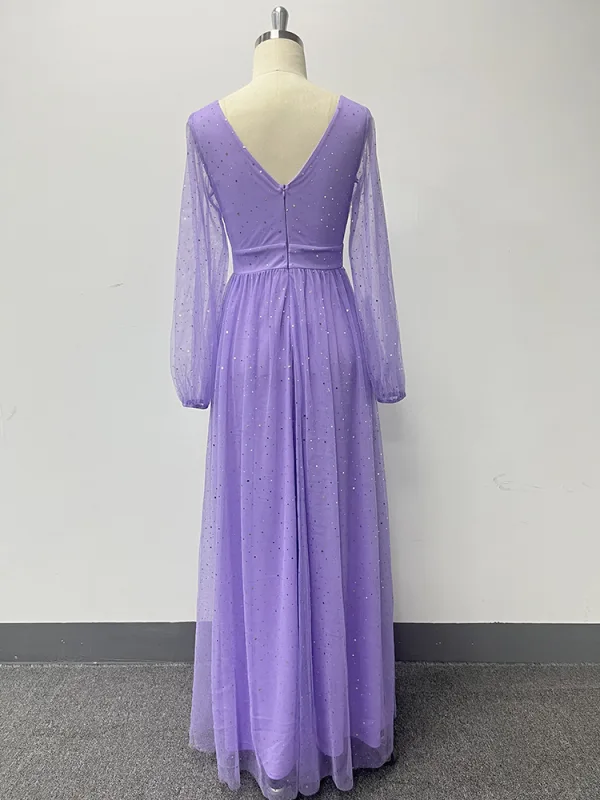 Modest / Simple Lavender Prom Dresses 2024 A-Line / Princess V-Neck Long Sleeve Backless Floor-Length / Long Prom Formal Dresses