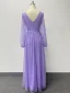 Modest / Simple Lavender Prom Dresses 2024 A-Line / Princess V-Neck Long Sleeve Backless Floor-Length / Long Prom Formal Dresses