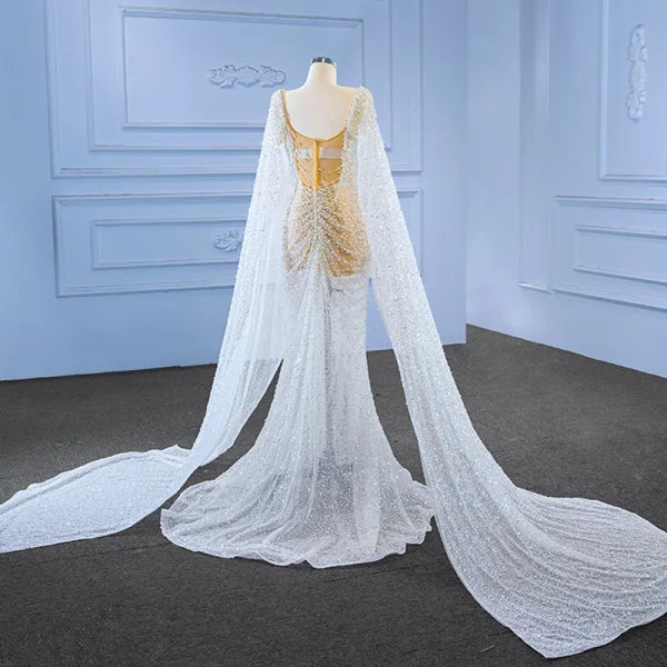 Luxury / Gorgeous Ivory Handmade  Beading Sequins Pearl Wedding Dresses 2022 Trumpet / Mermaid Scoop Neck Long Sleeve Backless Sweep Train Wedding