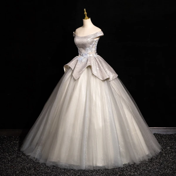 Charmant Ivory / Creme Perlenstickerei Pailletten Ballkleider 2024 Ballkleid Off Shoulder Ärmellos Rückenfreies Lange Ball Festliche Kleider