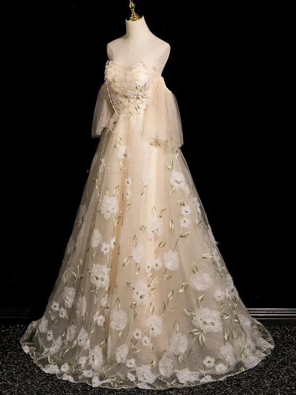 Chic / Beautiful Champagne Lace Flower Prom Dresses 2024 A-Line / Princess Strapless Sleeveless Backless Floor-Length / Long Prom Formal Dresses