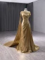 Fashion Gold Split Front Prom Dresses 2024 Trumpet / Mermaid One-Shoulder Short Sleeve Backless Floor-Length / Long Prom Formal Dresses