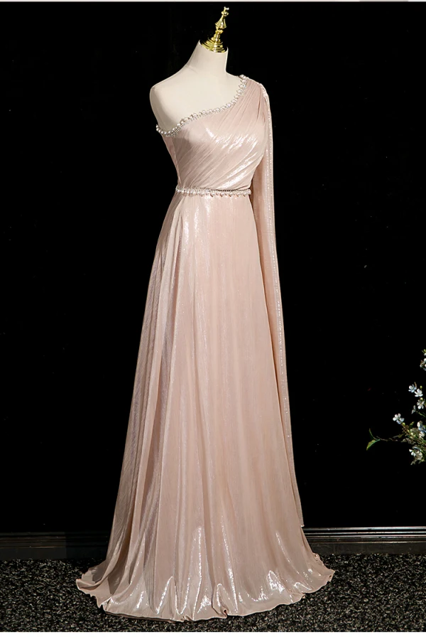 Chic / Beautiful Blushing Pink Pearl Rhinestone Prom Dresses 2024 A-Line / Princess One-Shoulder Sleeveless Backless Floor-Length / Long Prom Formal Dresses