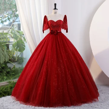Elegant Burgundy Glitter Beading Sequins Prom Dresses 2023 Ball Gown V Neck Short Sleeve Backless Bow Sash Prom Floor Length Long Formal Dresses