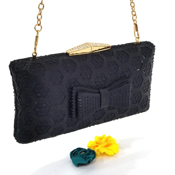 Chic / Beautiful Black Rhinestone Bow Womens Sandals Clutch Bags 2023 Evening Party 7 cm Thick Heels Open / Peep Toe Sandals High Heels Clutch Bags