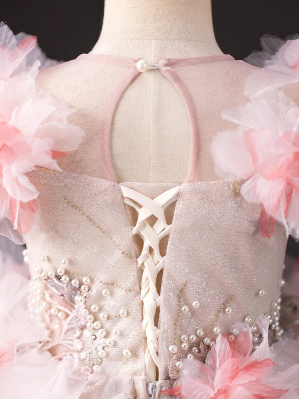Chic / Beautiful Blushing Pink Beading Pearl Appliques Birthday Flower Girl Dresses 2023 Ball Gown Scoop Neck Short Sleeve Backless Floor-Length / Long