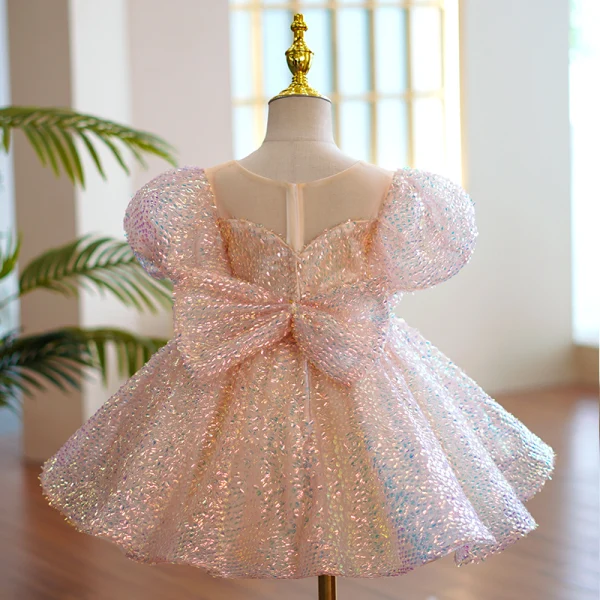 Glitzernden Rosa Pailletten Schleife Geburtstag Blumenmädchenkleider 2022 Ballkleid Rundhalsausschnitt Geschwollenes Kurze Ärmel Kurze Blumenmädchenkleider