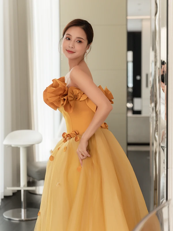 Fashion Appliques Yellow Prom Dresses 2023 A-Line / Princess Strapless Sleeveless Backless Floor-Length / Long Prom Formal Dresses