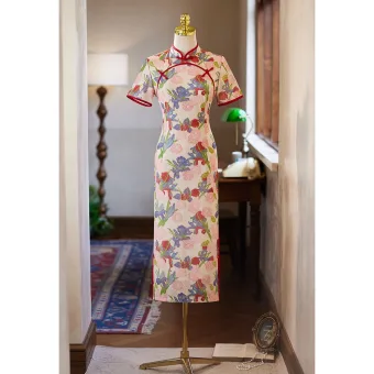 Estilo Chino Multi Colors Impresión Noche Cheongsam 2025 Trumpet Mermaid Cuello Alto Manga Corta Largos